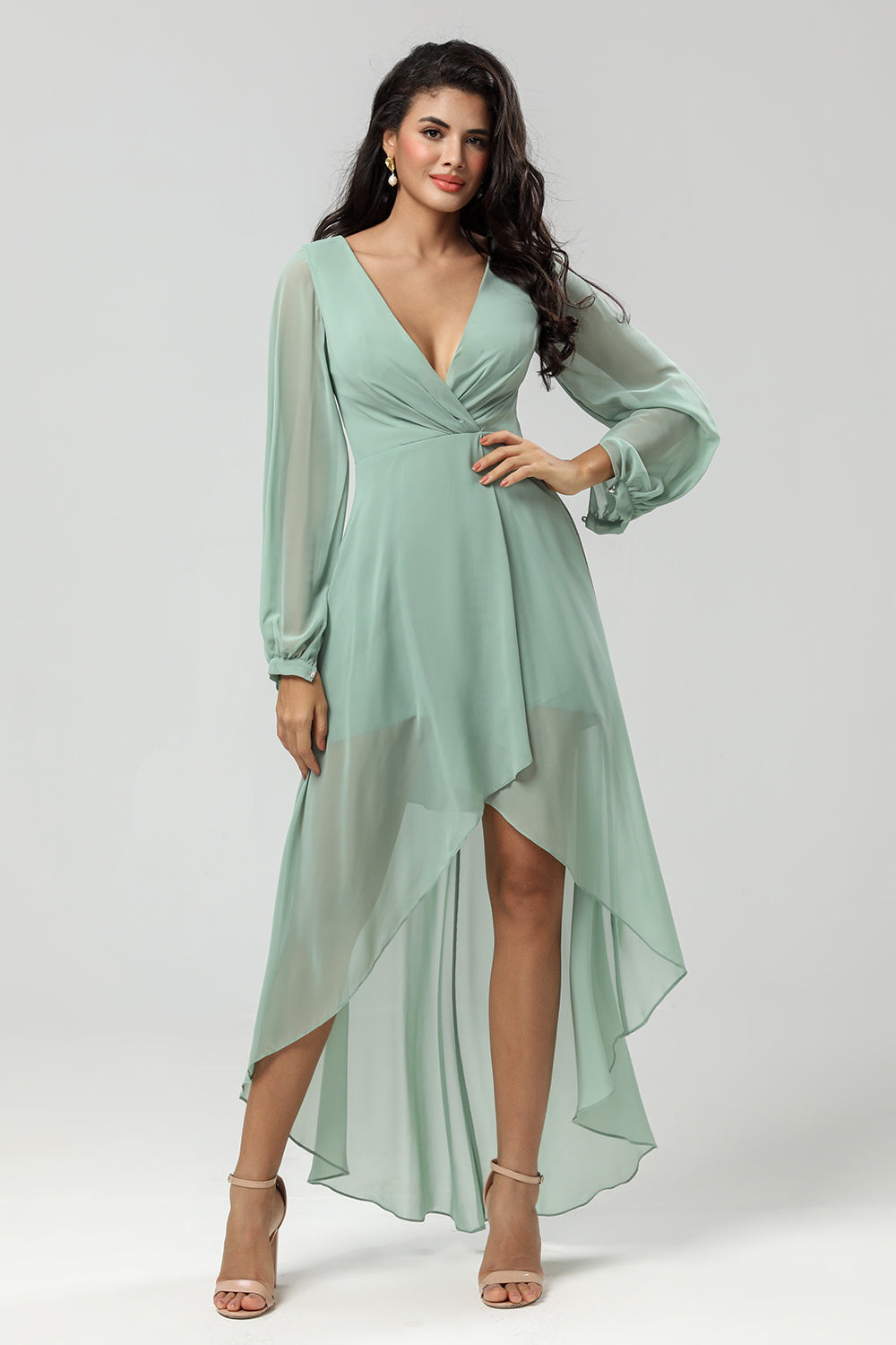 Robe de demoiselle d'honneur trapèze en mousseline asymétrique verte à manches longues