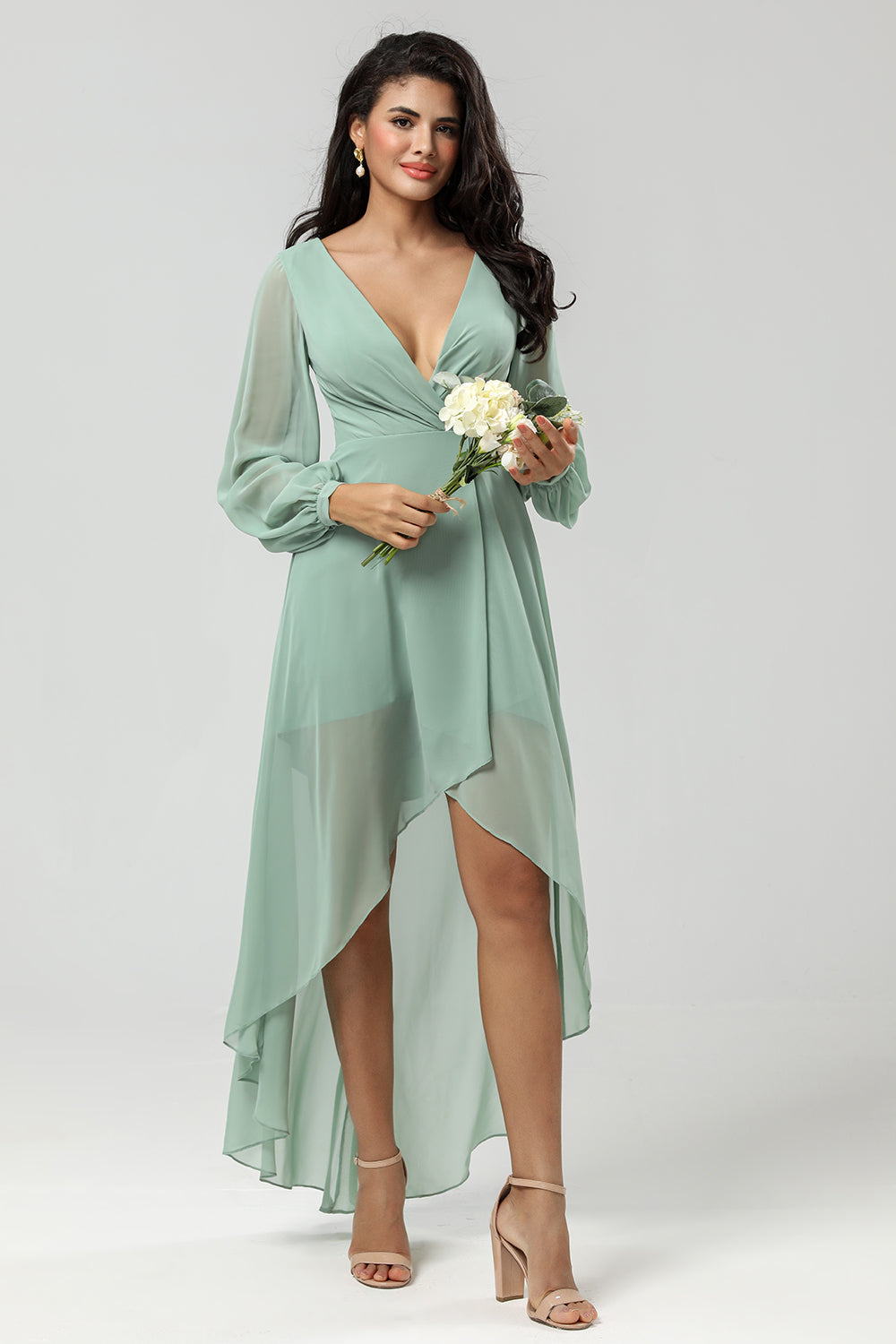 Robe de demoiselle d'honneur trapèze en mousseline asymétrique verte à manches longues