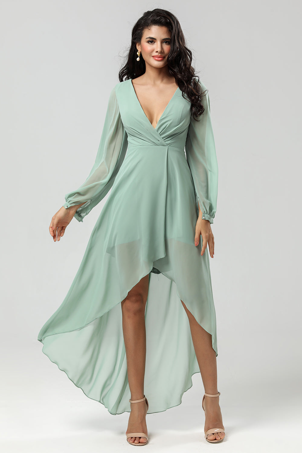 Robe de demoiselle d'honneur trapèze en mousseline asymétrique verte à manches longues