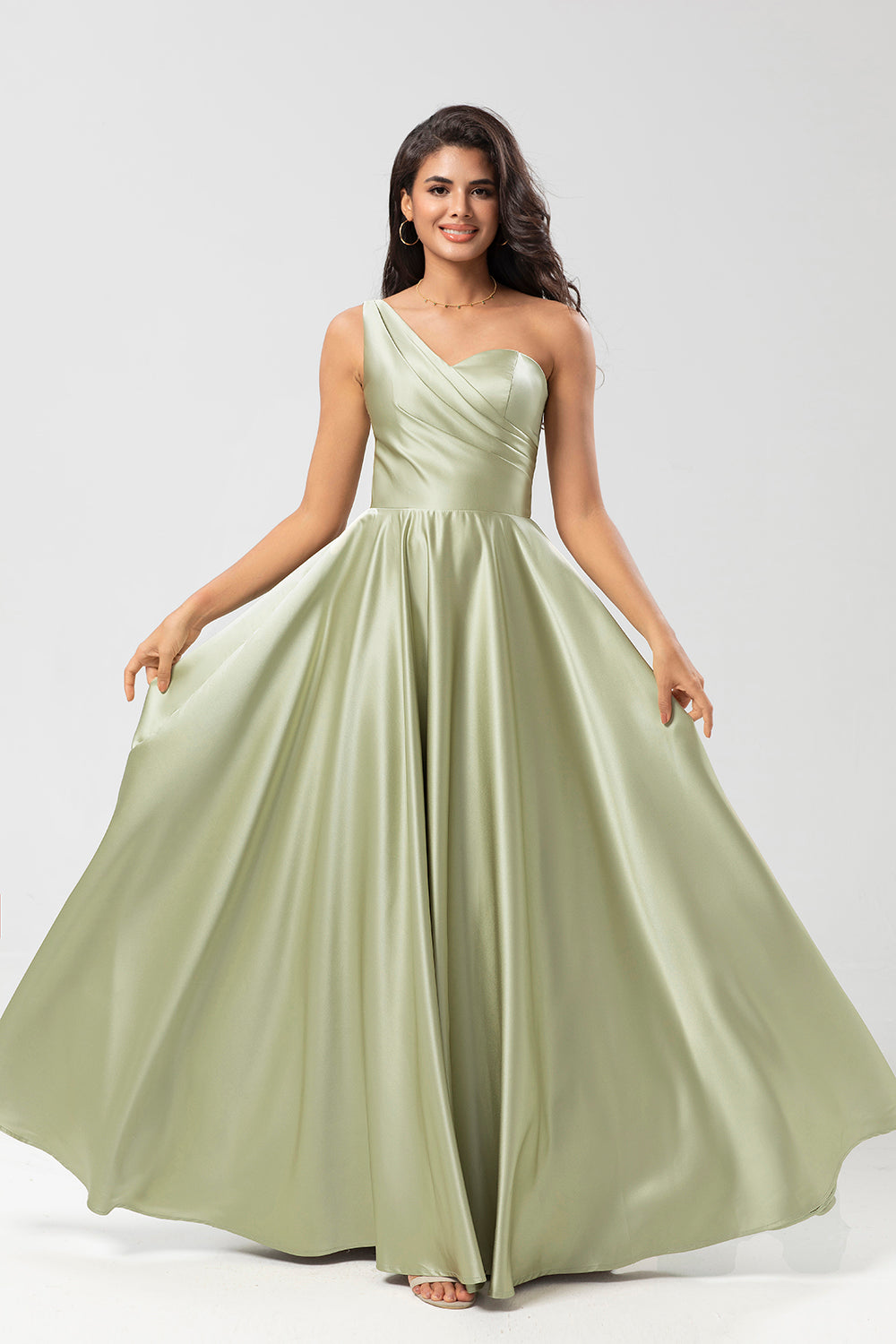 Robe de demoiselle d'honneur verte en satin à une épaule avec poches