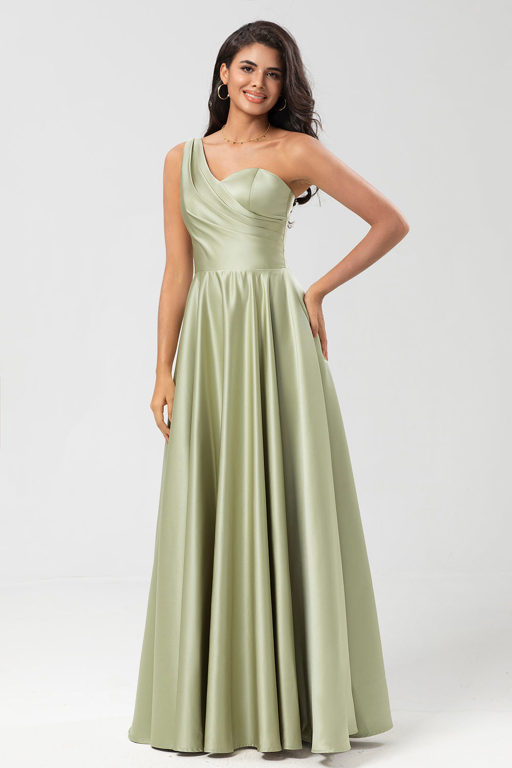 Robe de demoiselle d'honneur verte en satin à une épaule avec poches