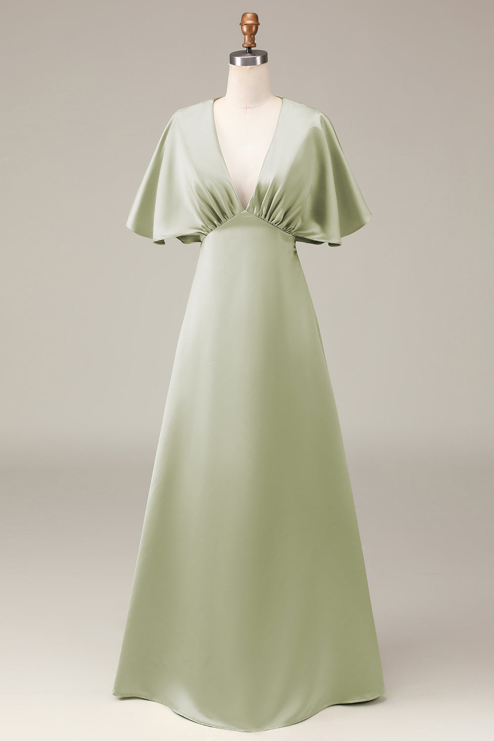 Robe de demoiselle d'honneur trapèze en satin à manches courtes et col en V Dusty Sage