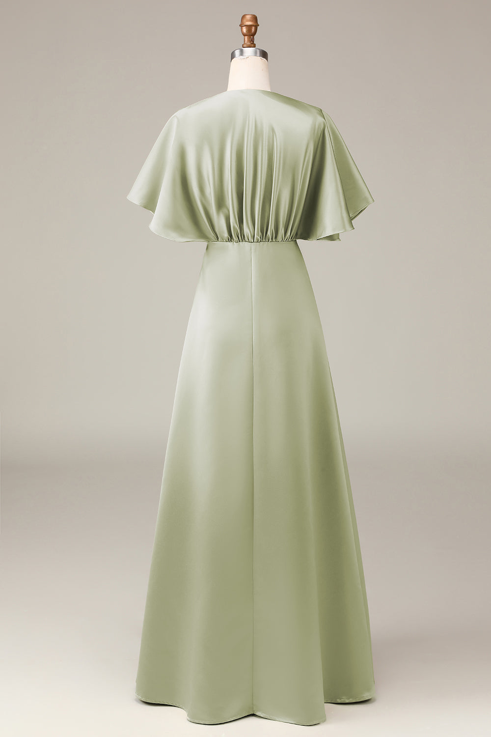 Robe de demoiselle d'honneur trapèze en satin à manches courtes et col en V Dusty Sage