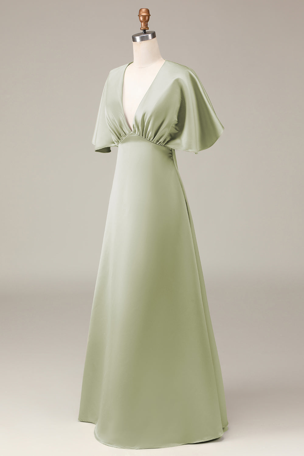 Robe de demoiselle d'honneur trapèze en satin à manches courtes et col en V Dusty Sage
