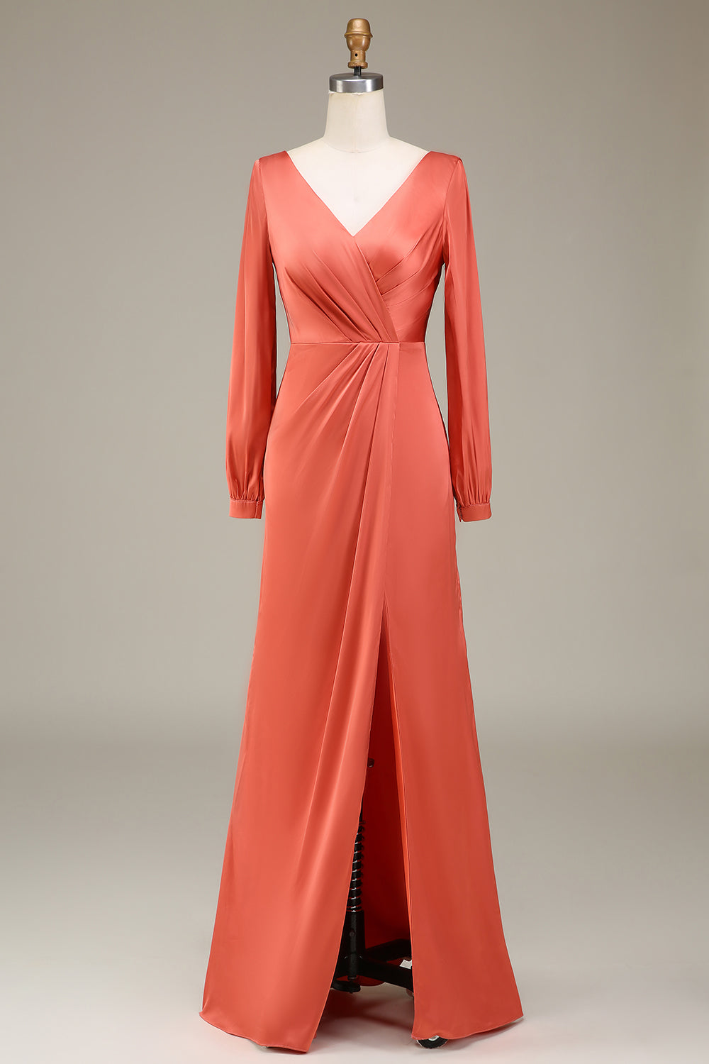 Robe de demoiselle d'honneur trapèze en satin terracotta avec col en V et fente