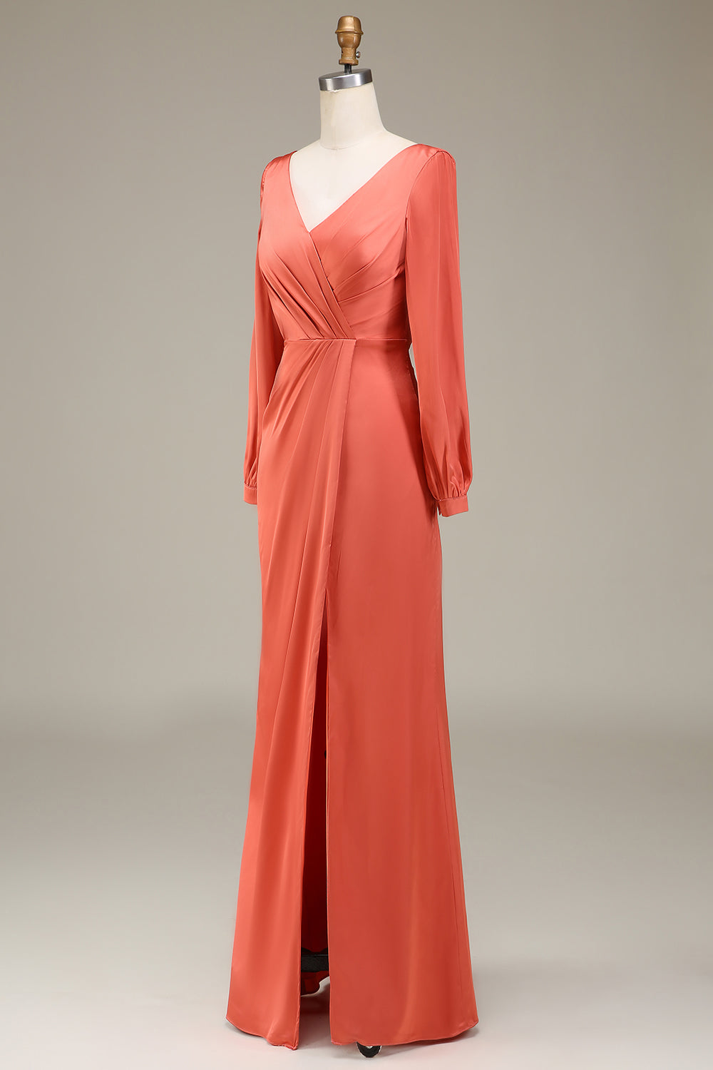 Robe de demoiselle d'honneur trapèze en satin terracotta avec col en V et fente