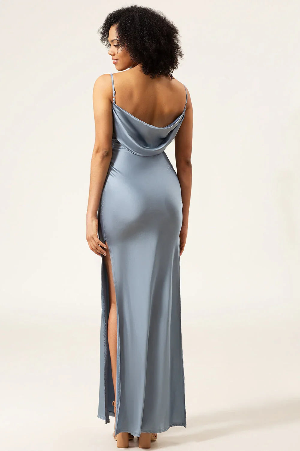 Dusty Blue Sheath Spaghetti Straps Satin Long Bridesmaid Dress