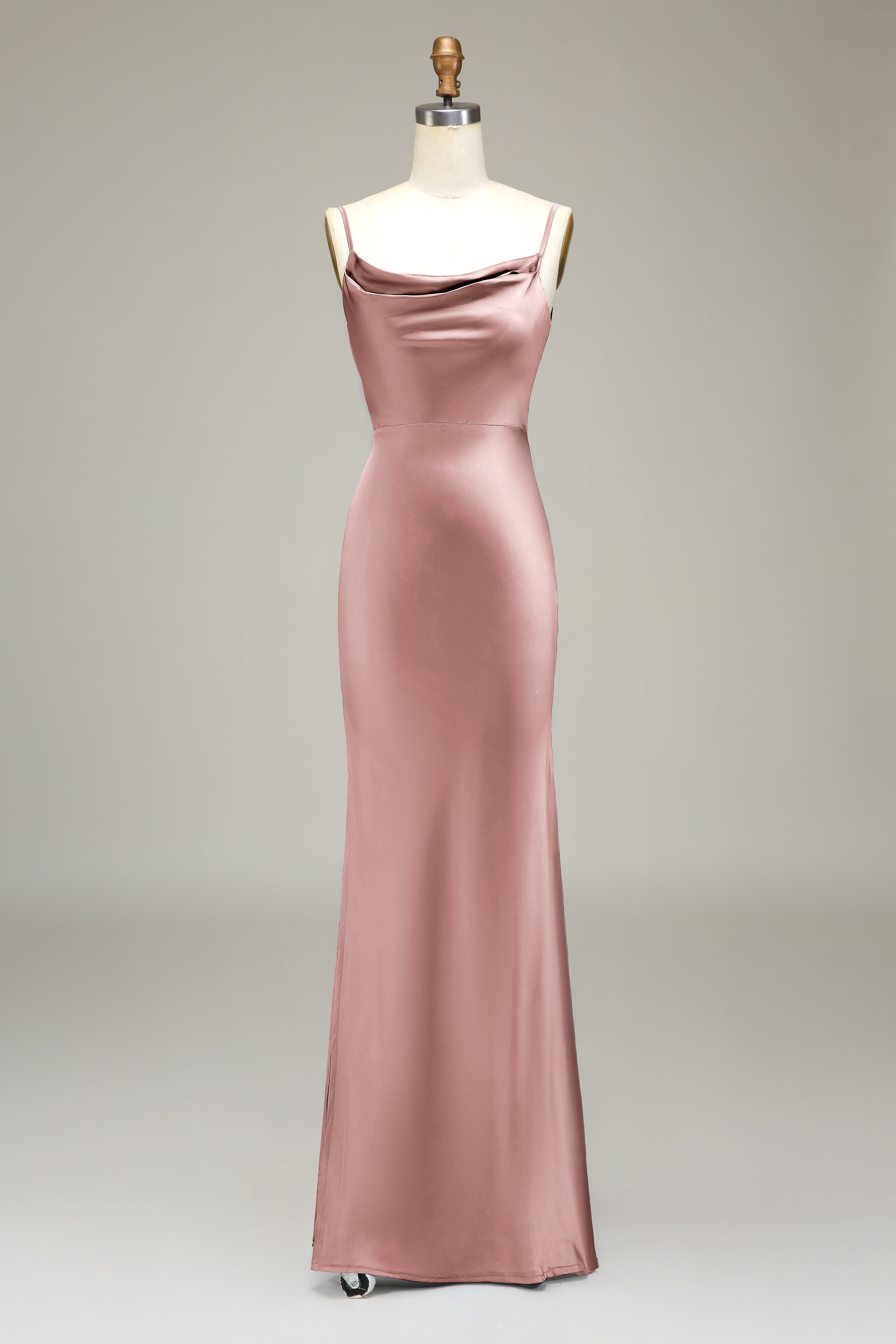 Dusty Blue Sheath Spaghetti Straps Satin Long Bridesmaid Dress