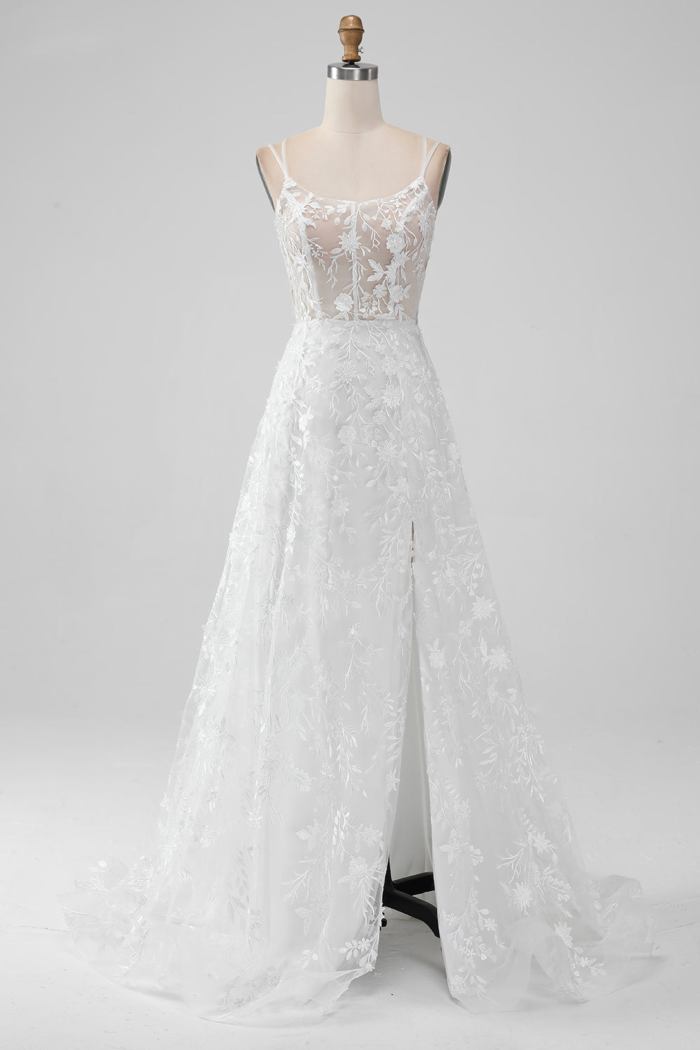 Ivory A-Line Spaghetti Straps Applique Lace Corset Wedding Dress with Slit