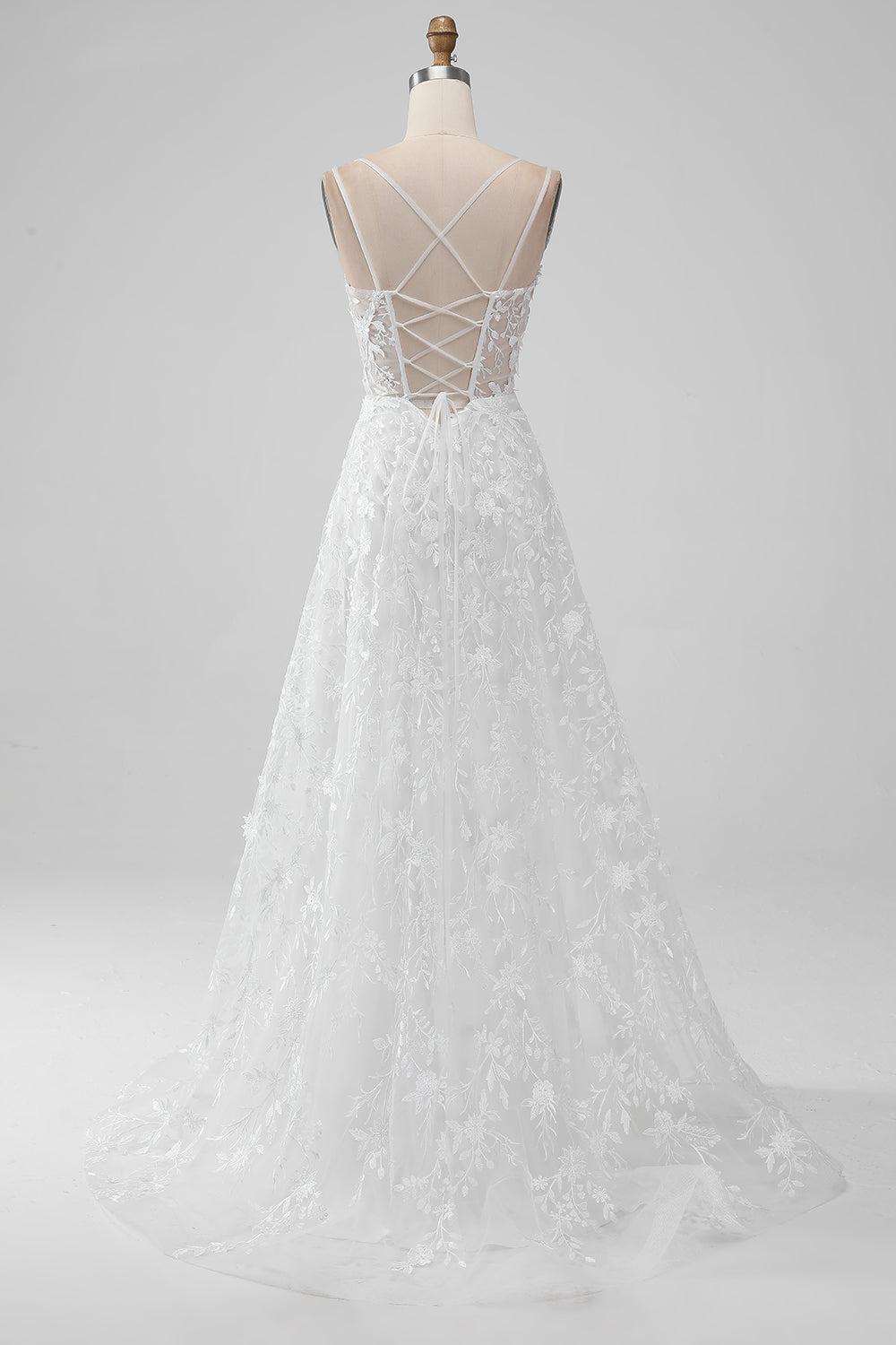 Ivory A-Line Spaghetti Straps Applique Lace Corset Wedding Dress with Slit