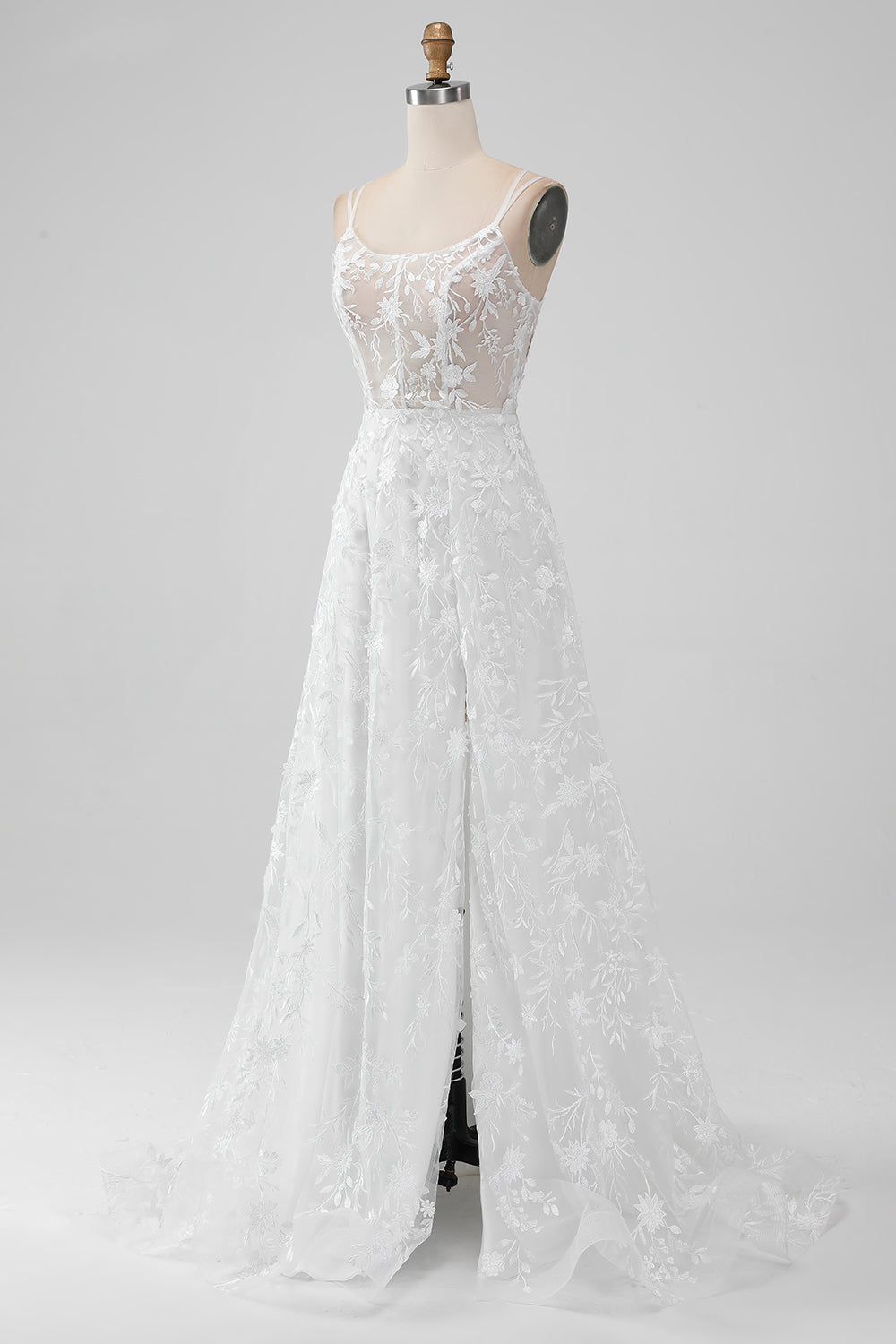 Ivory A-Line Spaghetti Straps Applique Lace Corset Wedding Dress with Slit