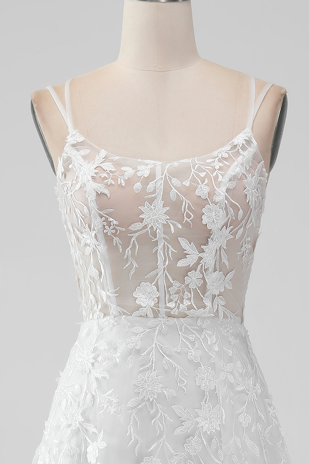 Ivory A-Line Spaghetti Straps Applique Lace Corset Wedding Dress with Slit