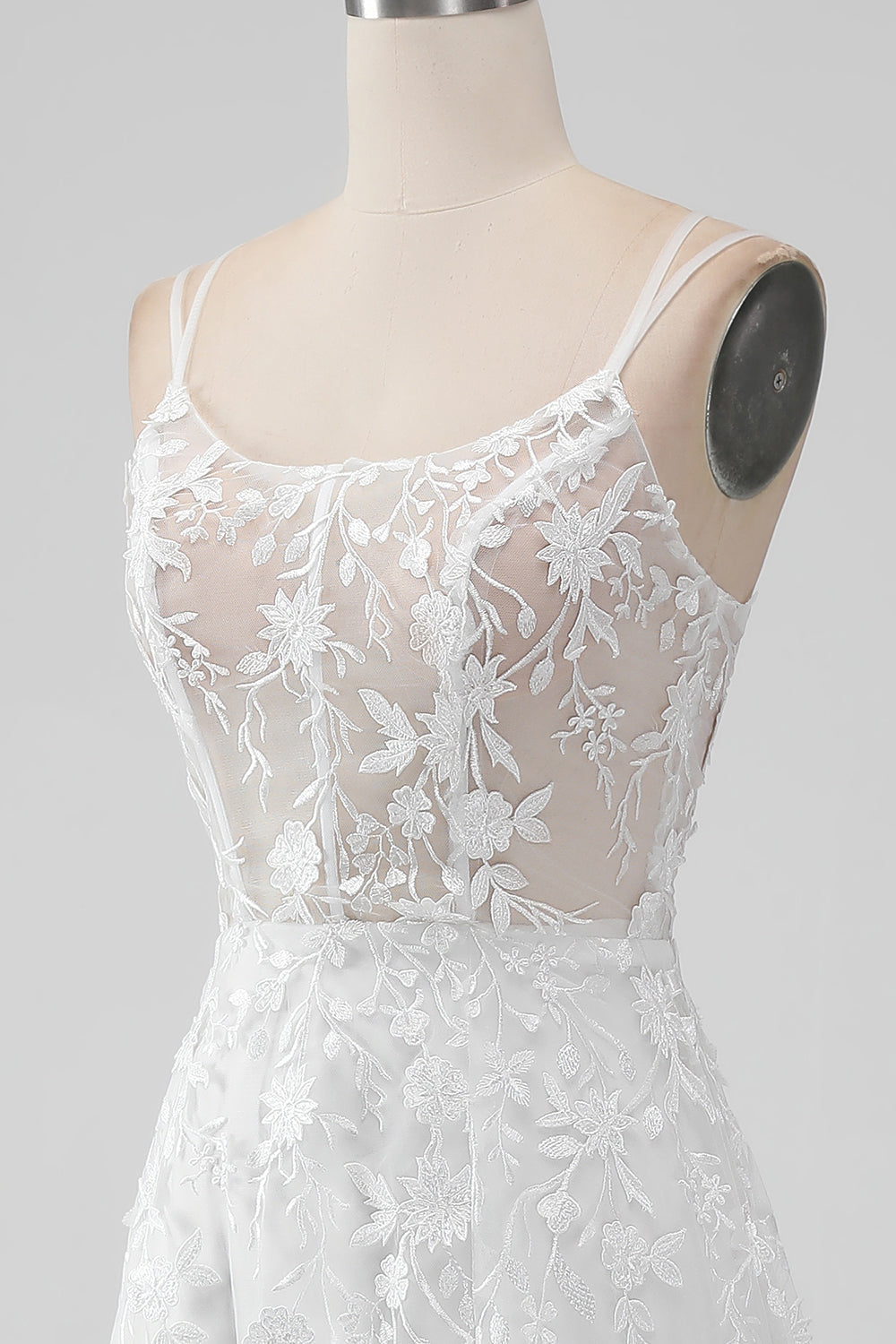 Ivory A-Line Spaghetti Straps Applique Lace Corset Wedding Dress with Slit