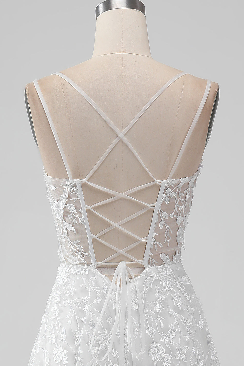 Ivory A-Line Spaghetti Straps Applique Lace Corset Wedding Dress with Slit