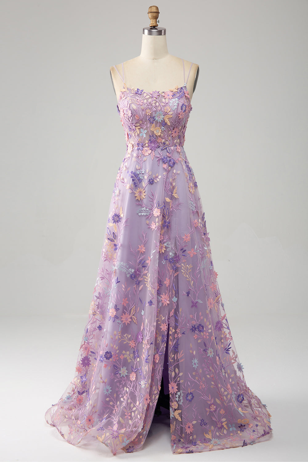 Robe de bal longue évasée mauve avec bretelles spaghetti et appliques