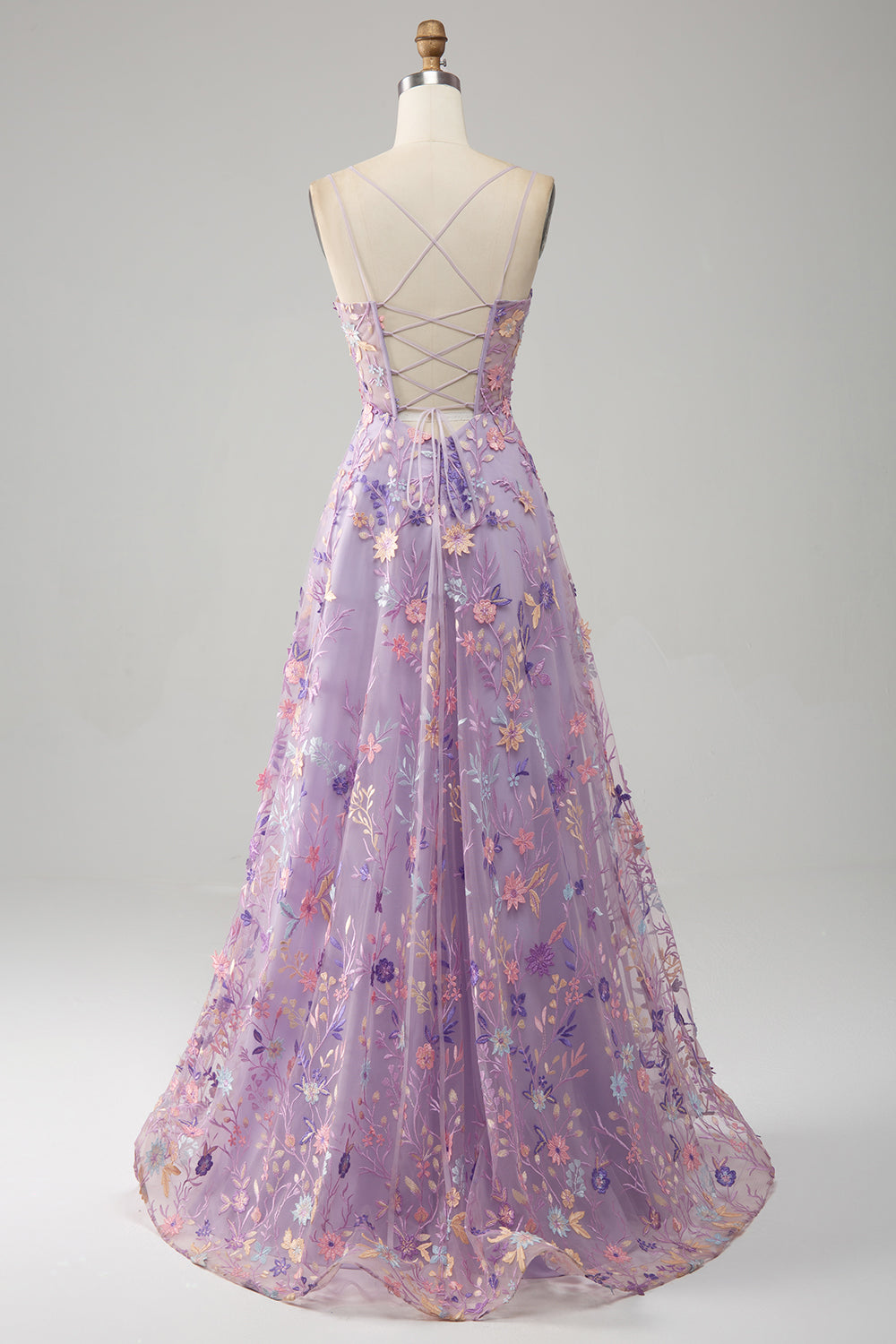 Robe de bal longue évasée mauve avec bretelles spaghetti et appliques