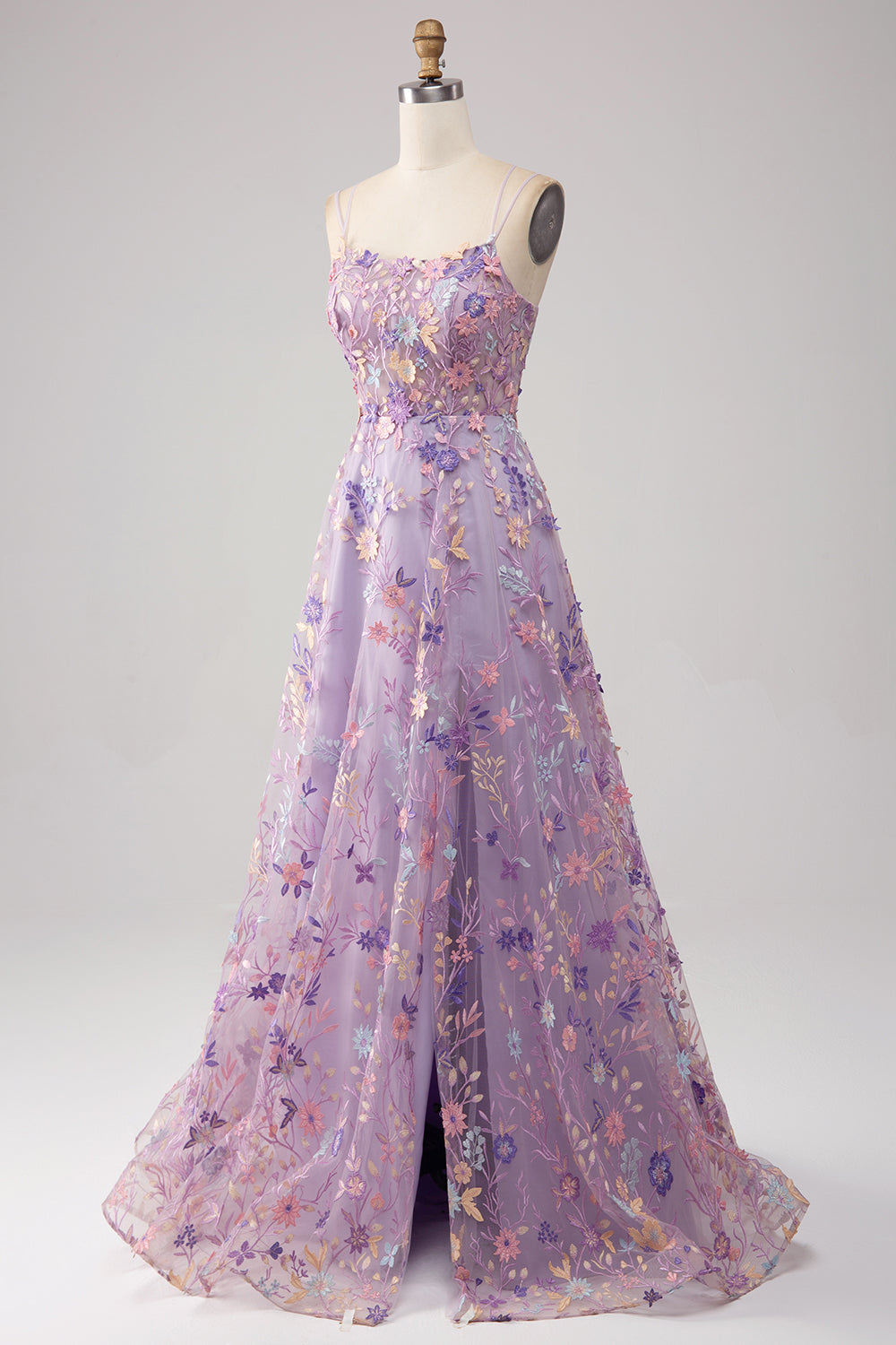 Robe de bal longue évasée mauve avec bretelles spaghetti et appliques