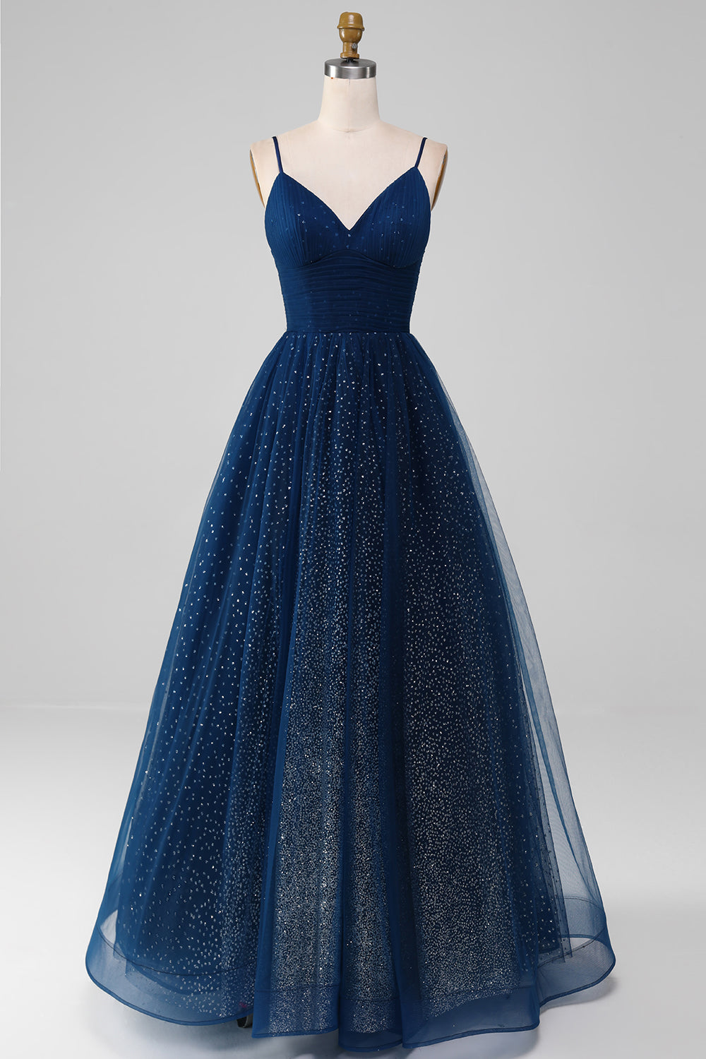 Robe de bal marine en tulle plissé avec perles, col en V et manches longues