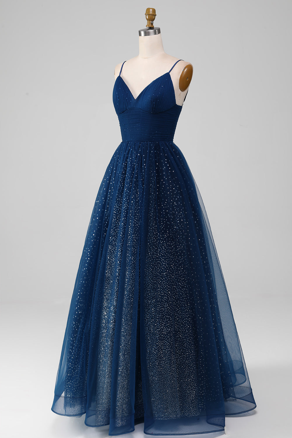 Robe de bal marine en tulle plissé avec perles, col en V et manches longues