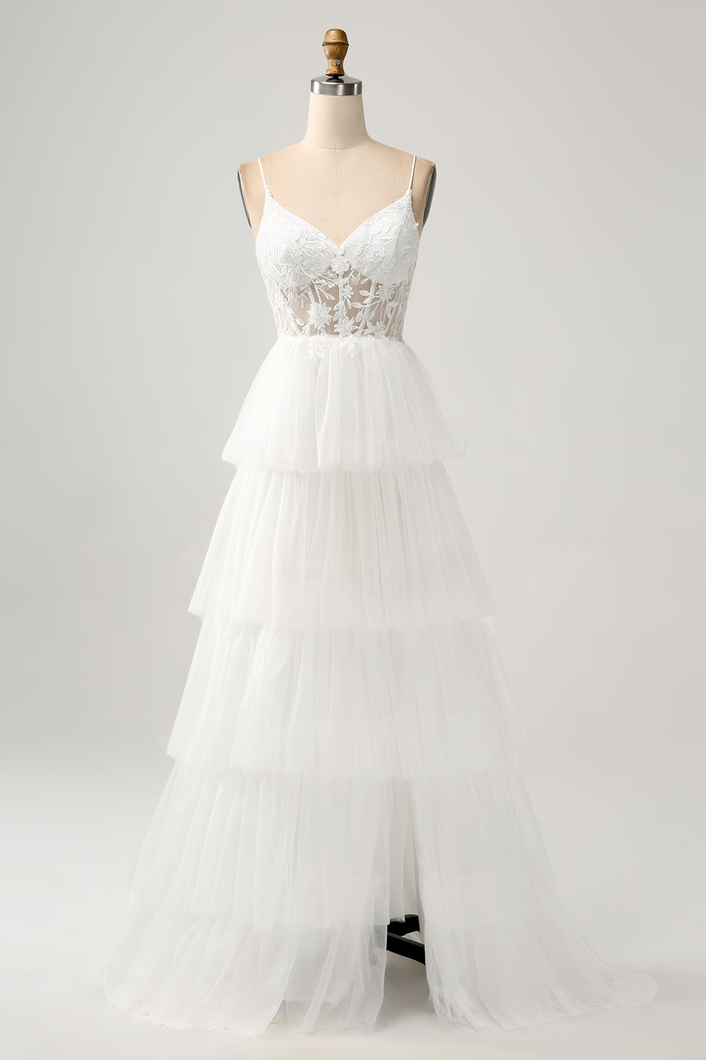 Robe de mariée longue ivoire en tulle à corset, ligne A, traîne et fente