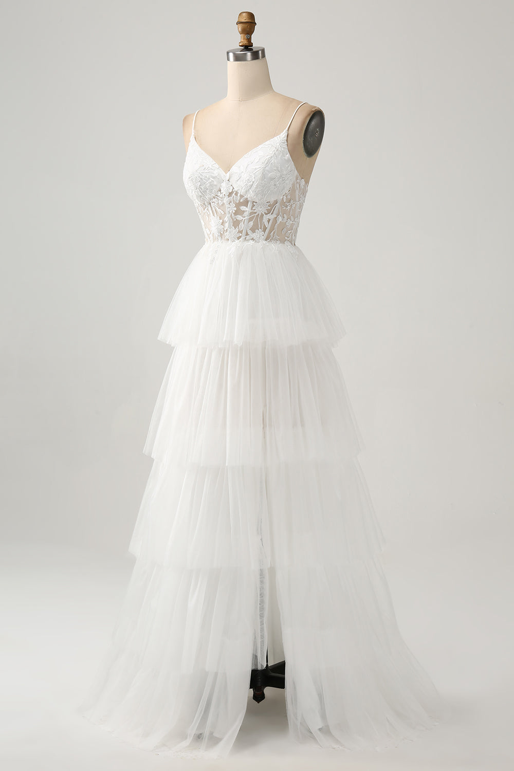 Robe de mariée longue ivoire en tulle à corset, ligne A, traîne et fente
