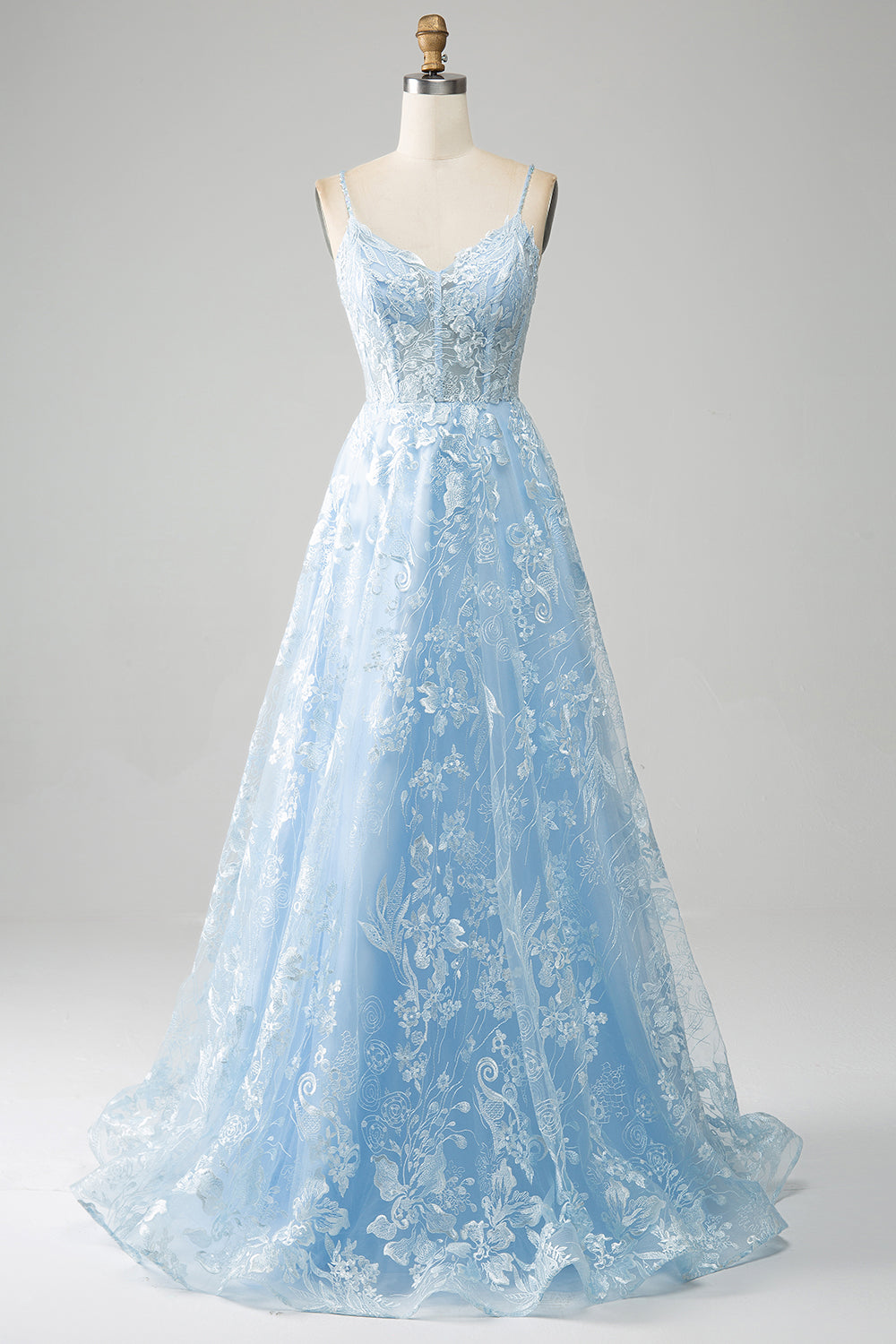 Robe de bal longue en dentelle à corset, bretelles spaghetti, coupe évasée, bleu ciel