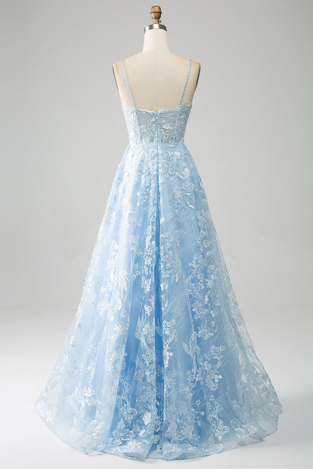 Robe de bal longue en dentelle à corset, bretelles spaghetti, coupe évasée, bleu ciel