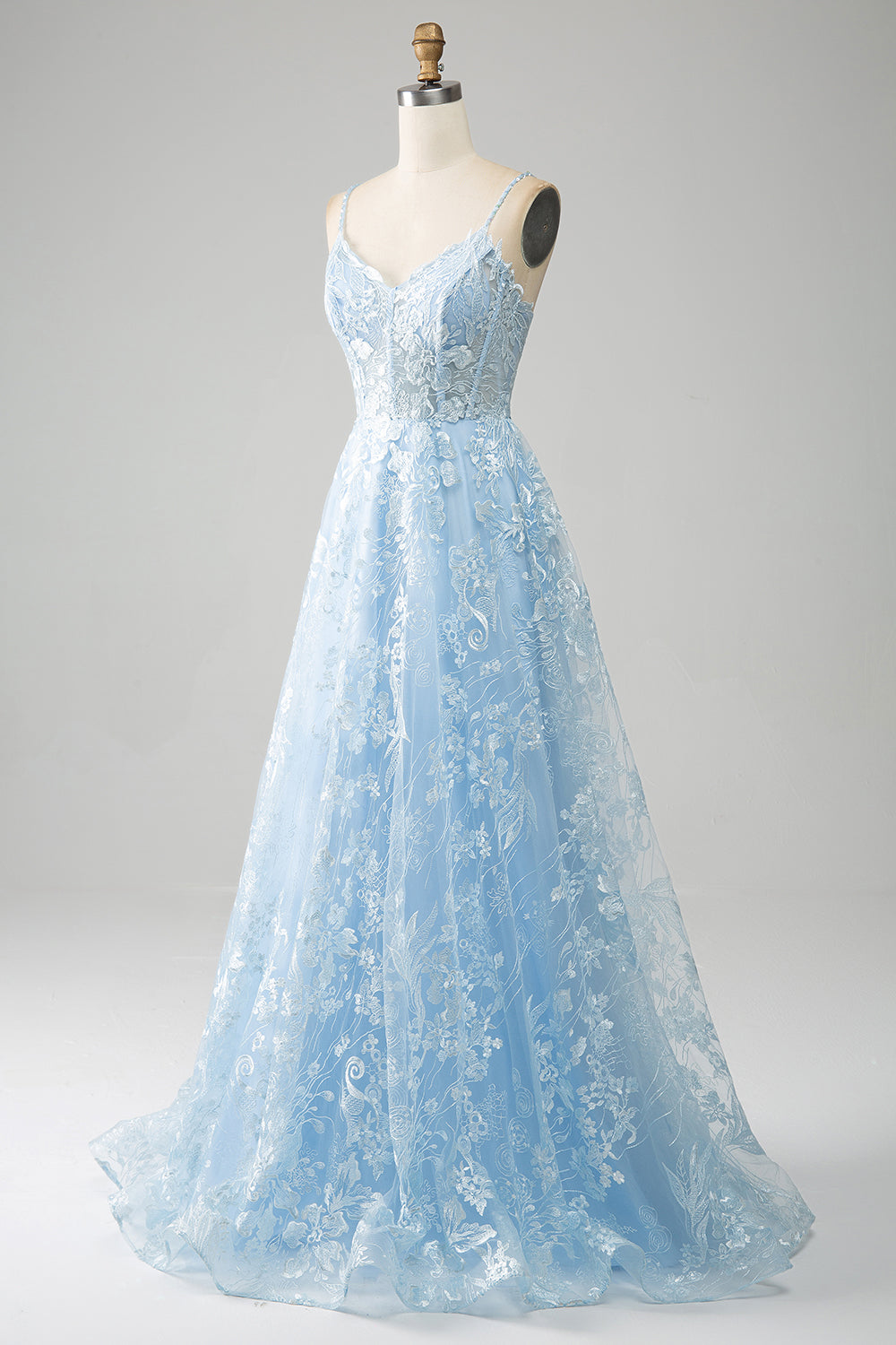 Robe de bal longue en dentelle à corset, bretelles spaghetti, coupe évasée, bleu ciel