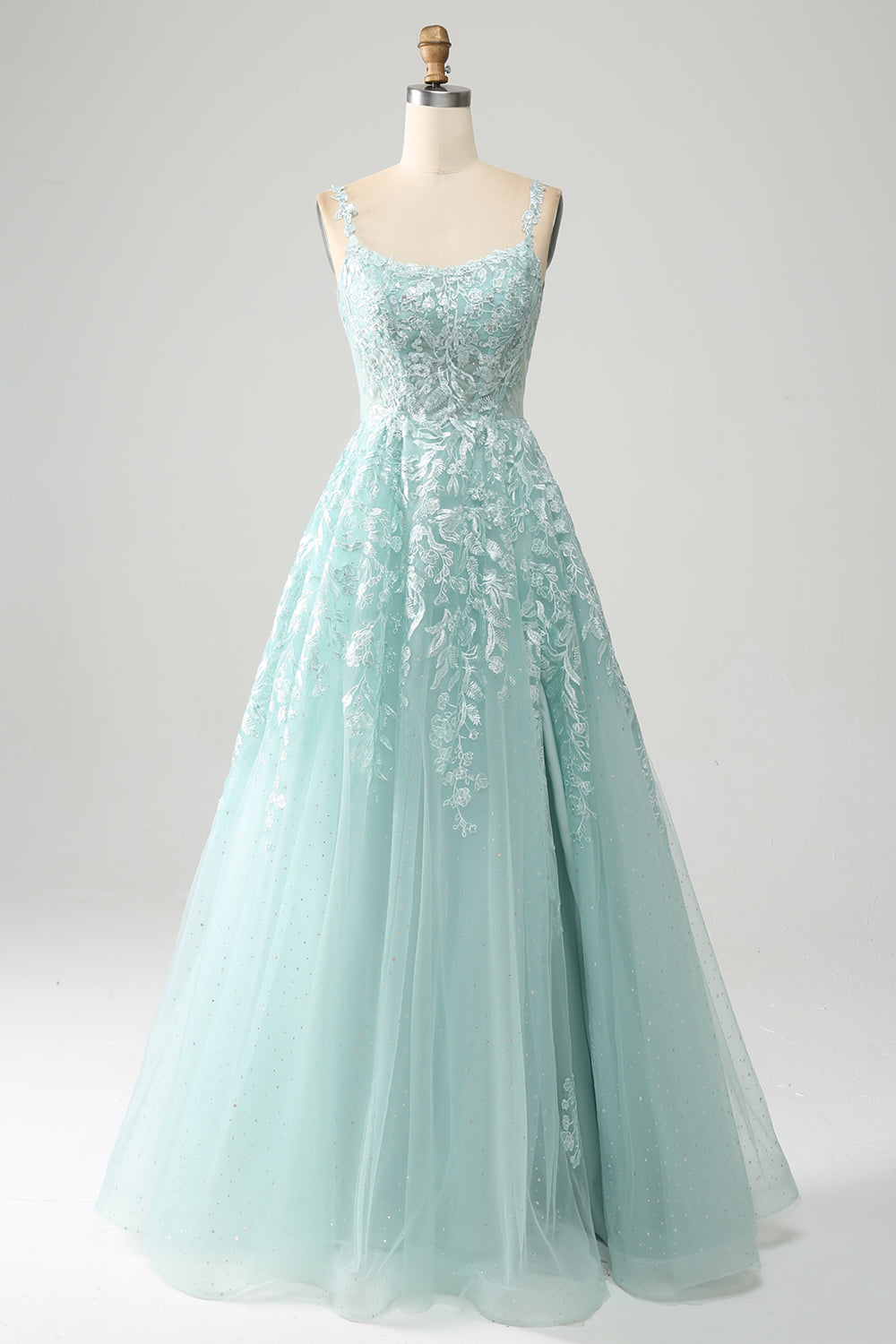 Robe de bal longue en tulle ligne A Glitter Mint avec dentelle