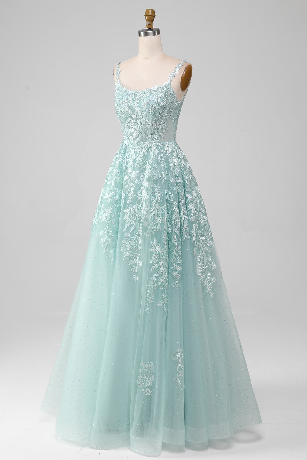 Robe de bal longue en tulle ligne A Glitter Mint avec dentelle