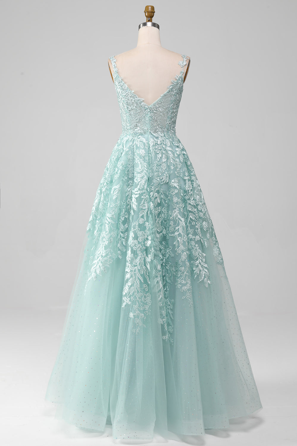 Robe de bal longue en tulle ligne A Glitter Mint avec dentelle
