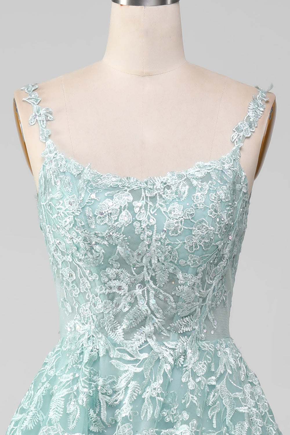 Robe de bal longue en tulle ligne A Glitter Mint avec dentelle