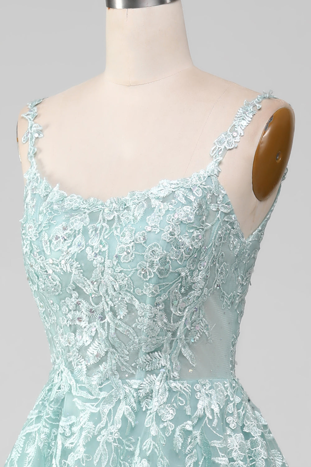 Robe de bal longue en tulle ligne A Glitter Mint avec dentelle