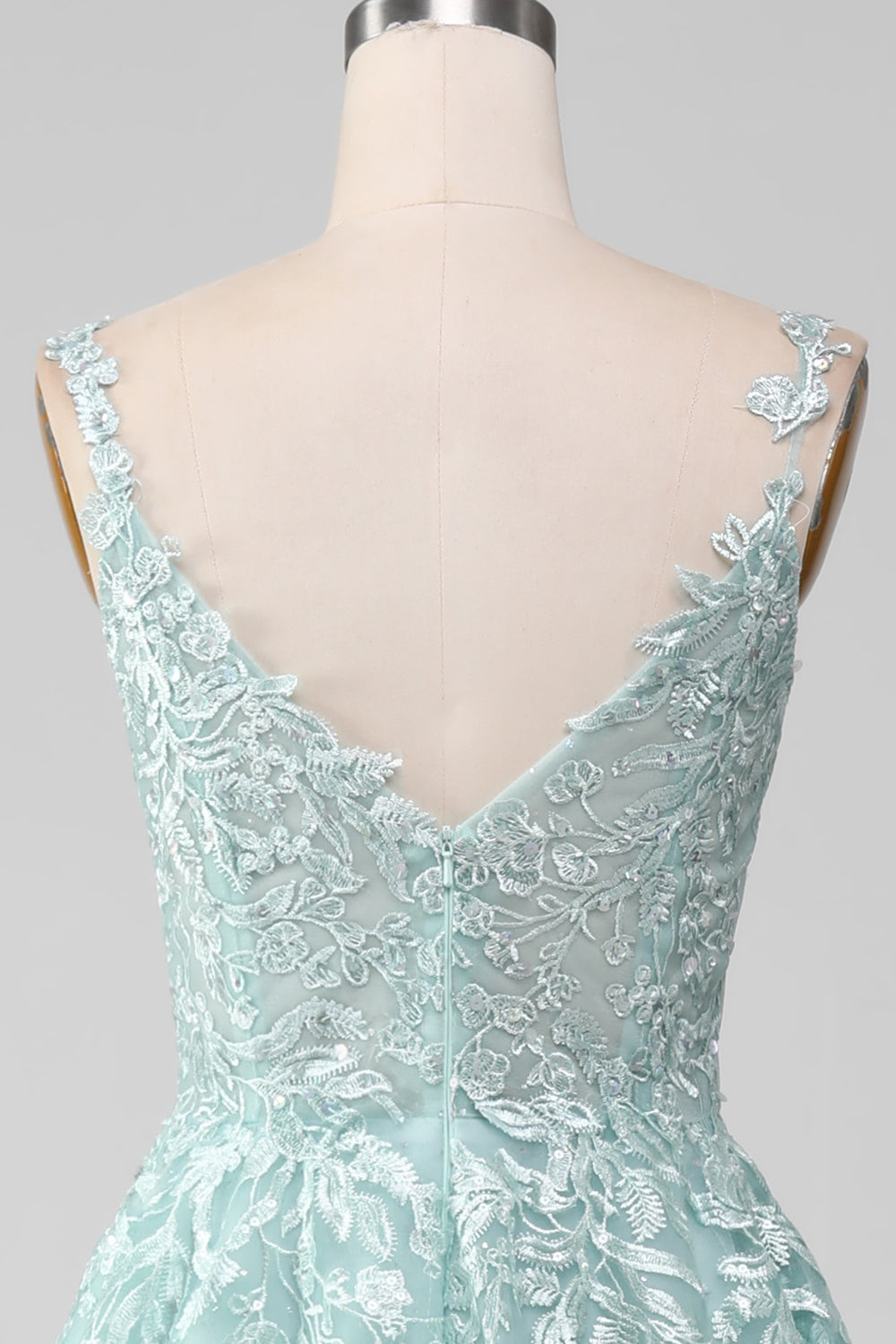 Robe de bal longue en tulle ligne A Glitter Mint avec dentelle
