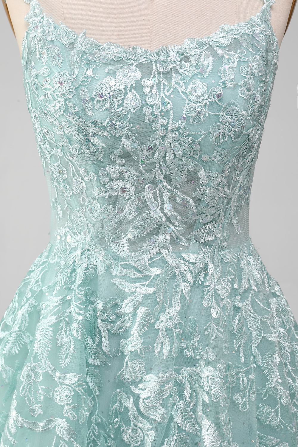 Robe de bal longue en tulle ligne A Glitter Mint avec dentelle