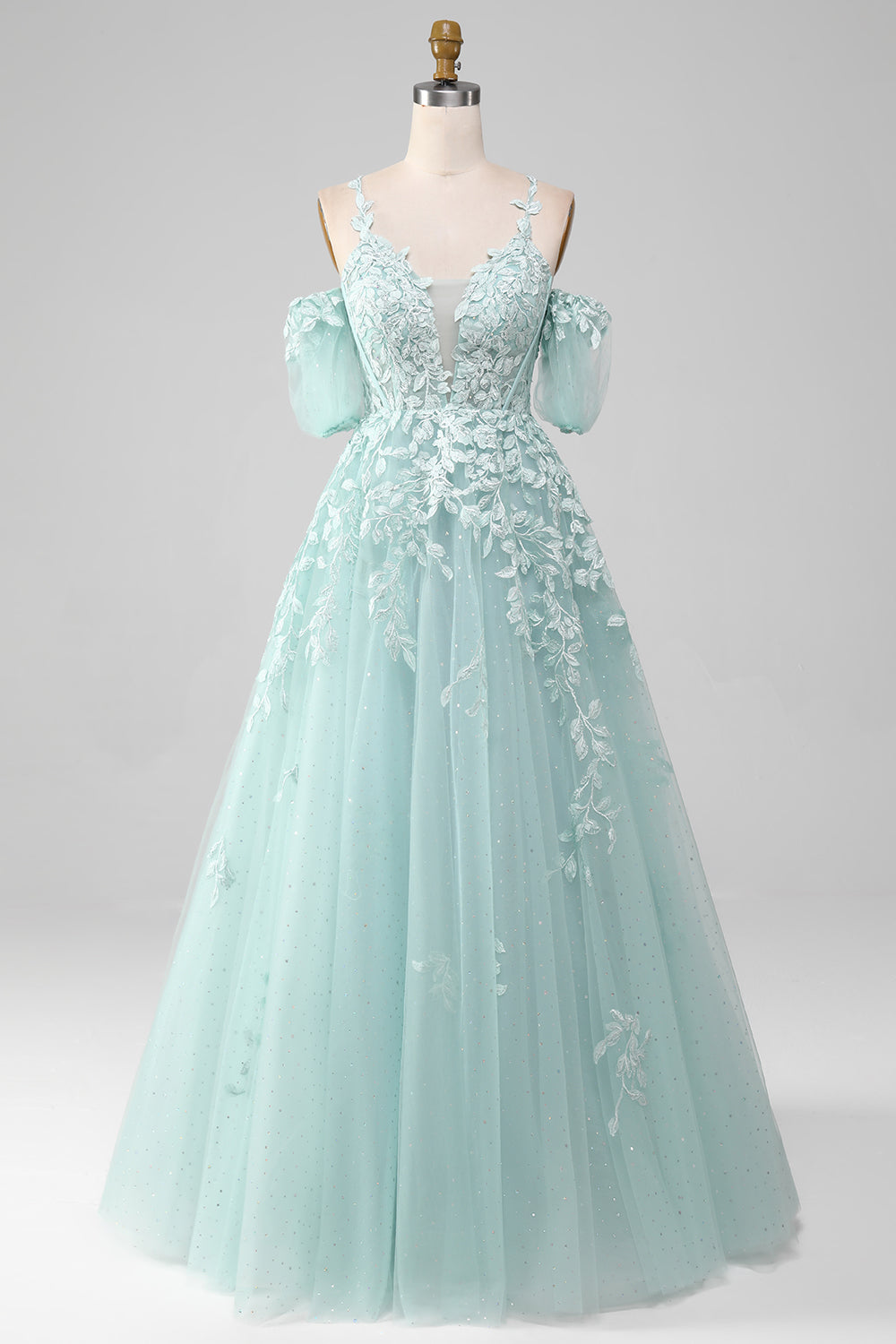 Robe de Bal Menthe Perles Épaules Dénudées Appliquées