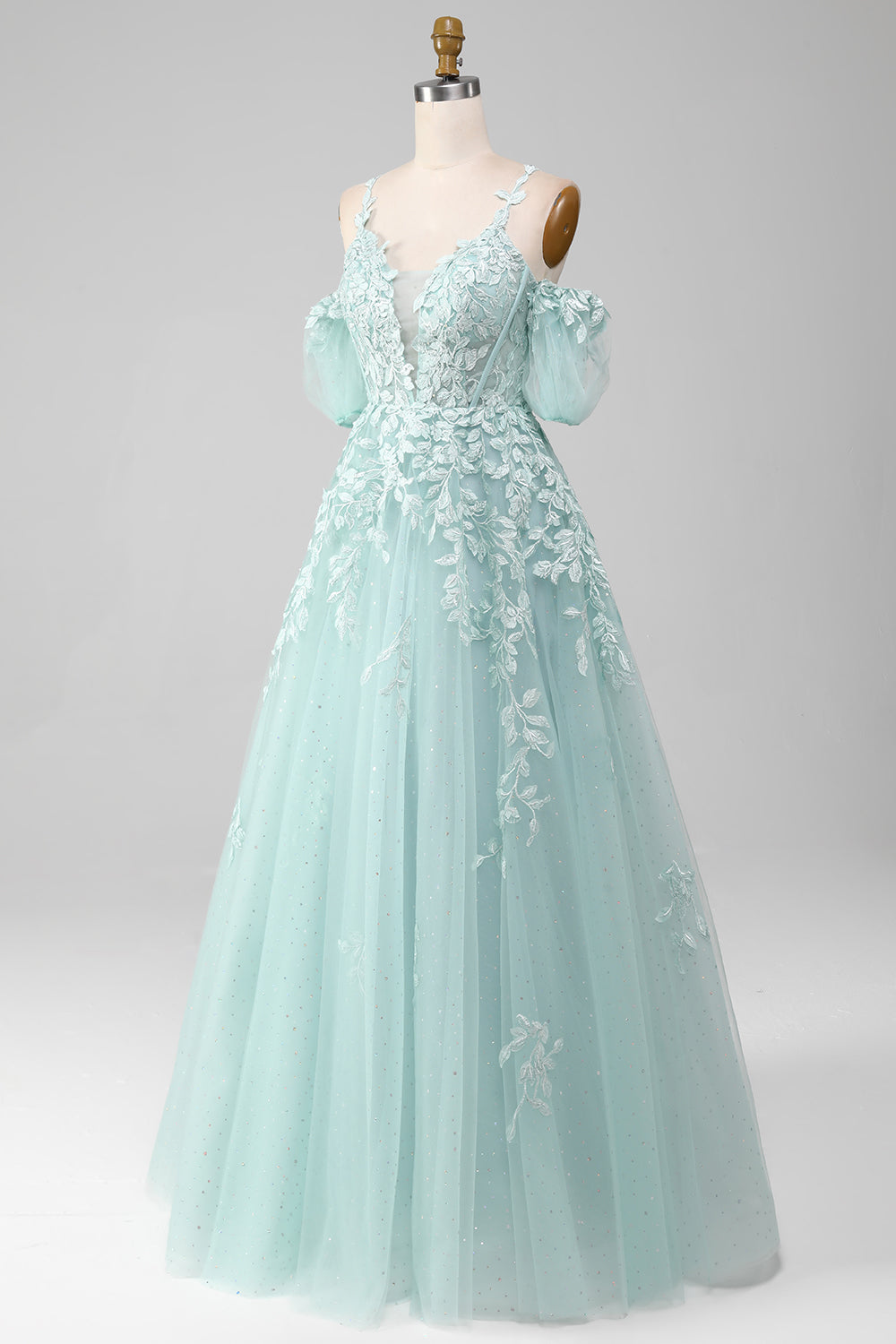 Robe de Bal Menthe Perles Épaules Dénudées Appliquées