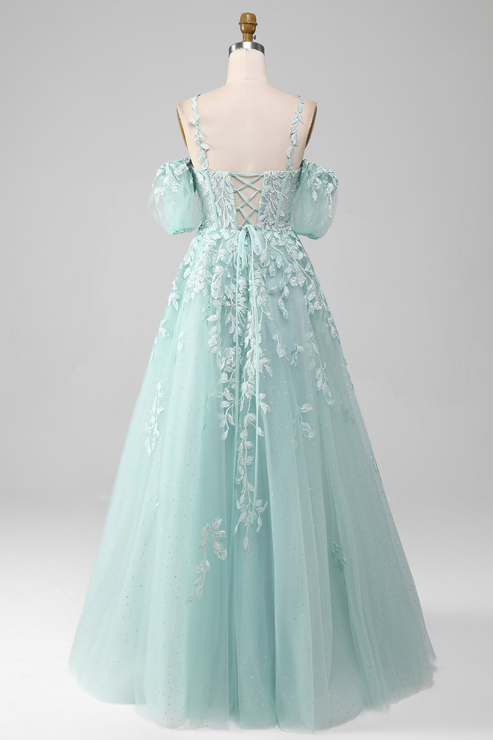 Robe de Bal Menthe Perles Épaules Dénudées Appliquées