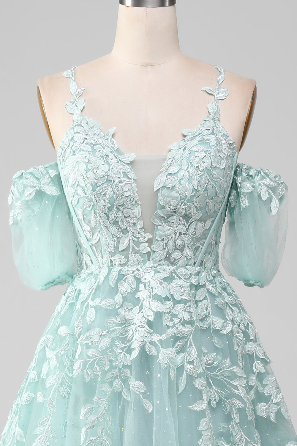Robe de Bal Menthe Perles Épaules Dénudées Appliquées