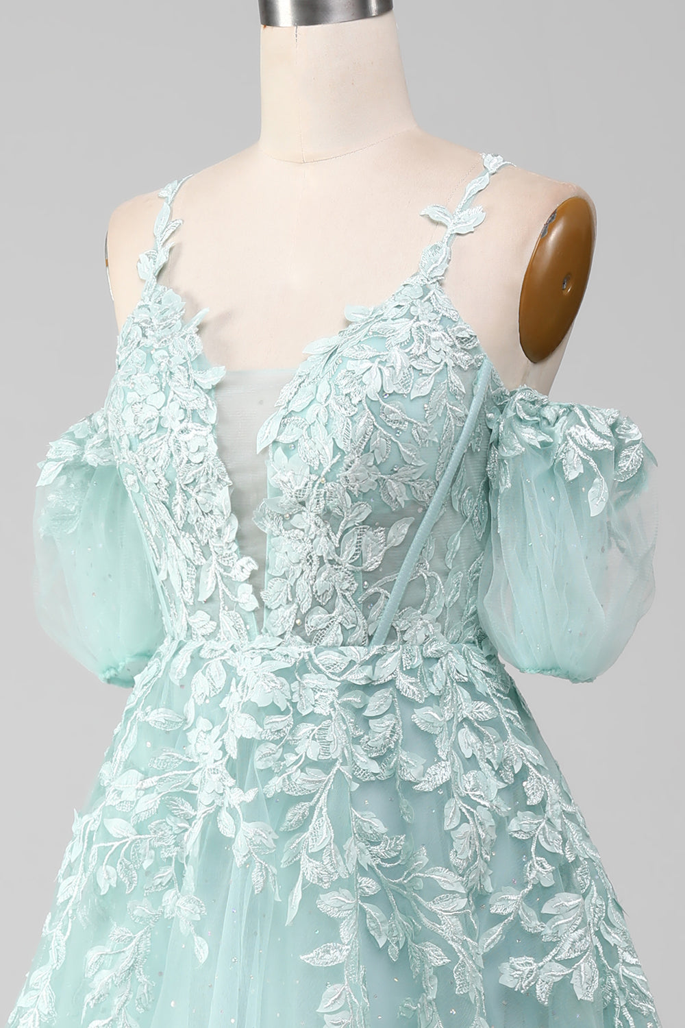 Robe de Bal Menthe Perles Épaules Dénudées Appliquées
