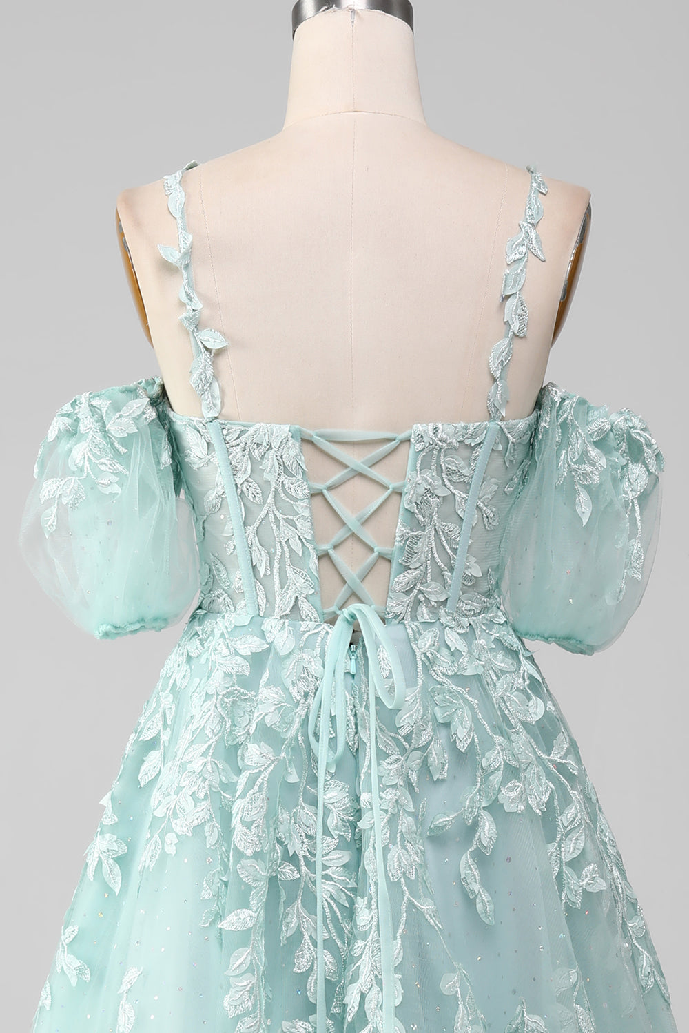 Robe de Bal Menthe Perles Épaules Dénudées Appliquées