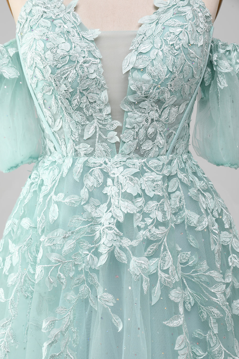 Robe de Bal Menthe Perles Épaules Dénudées Appliquées
