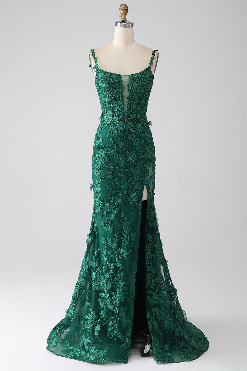 Robe de soirée longue vert foncé sirène à bretelles spaghetti avec appliques