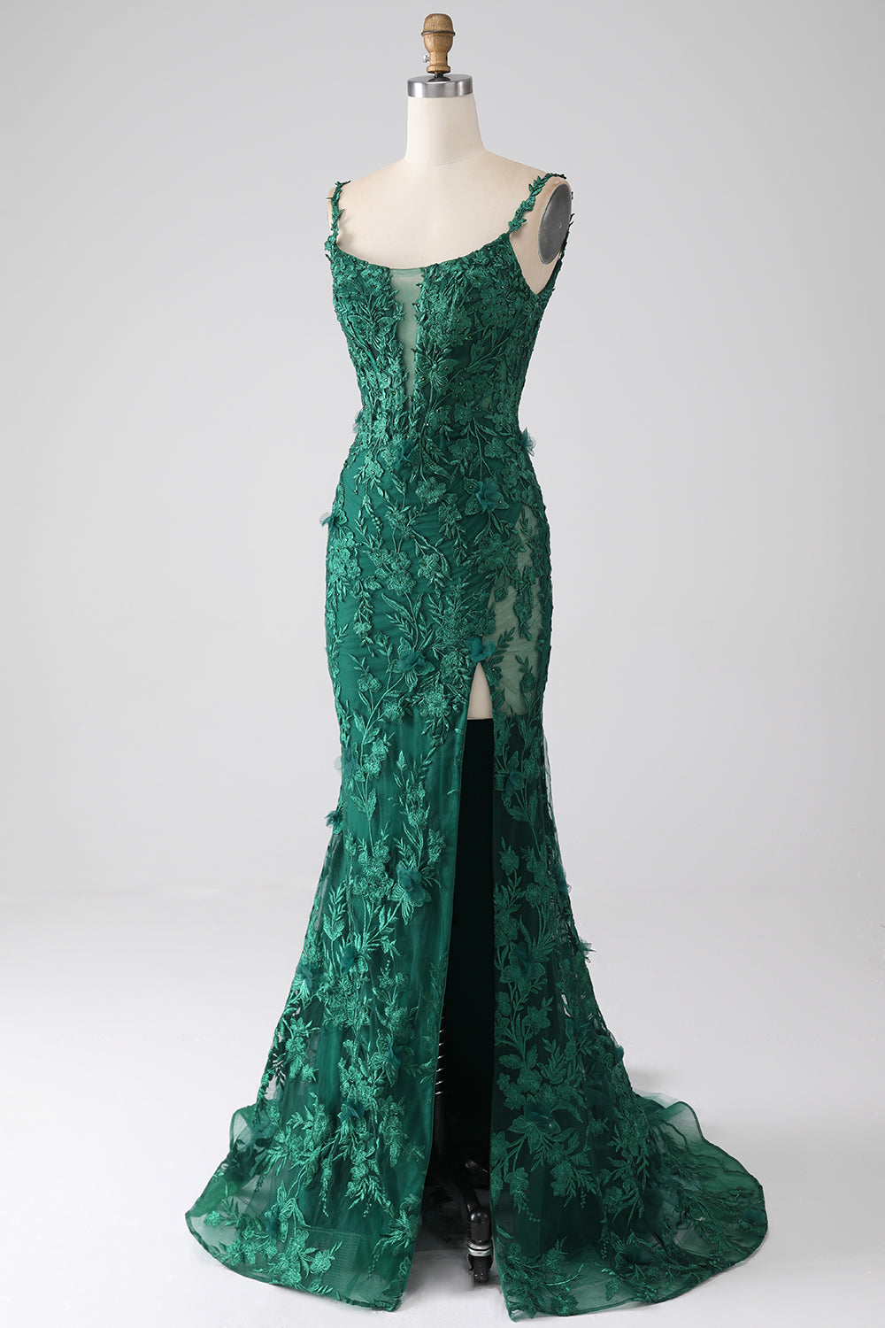Robe de soirée longue vert foncé sirène à bretelles spaghetti avec appliques