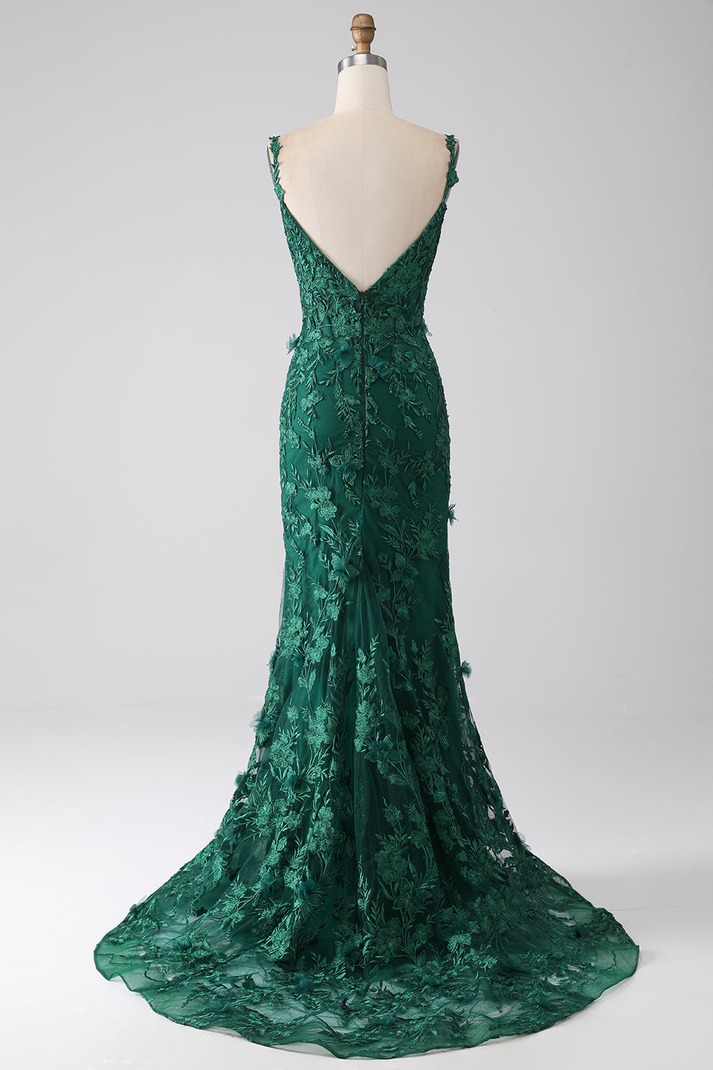 Robe de soirée longue vert foncé sirène à bretelles spaghetti avec appliques