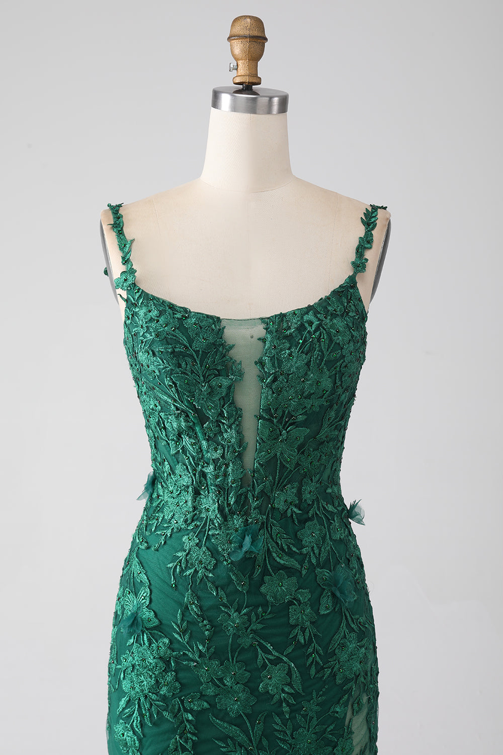 Robe de soirée longue vert foncé sirène à bretelles spaghetti avec appliques