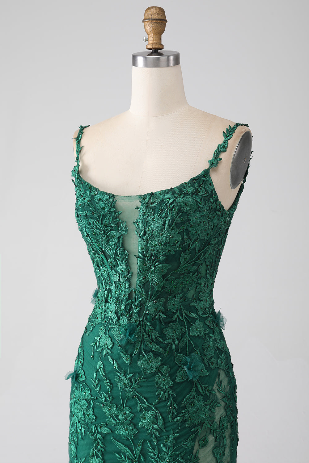 Robe de soirée longue vert foncé sirène à bretelles spaghetti avec appliques