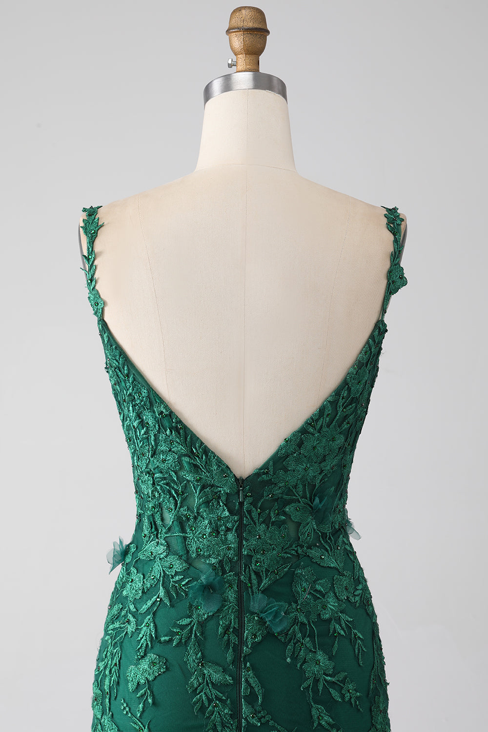 Robe de soirée longue vert foncé sirène à bretelles spaghetti avec appliques