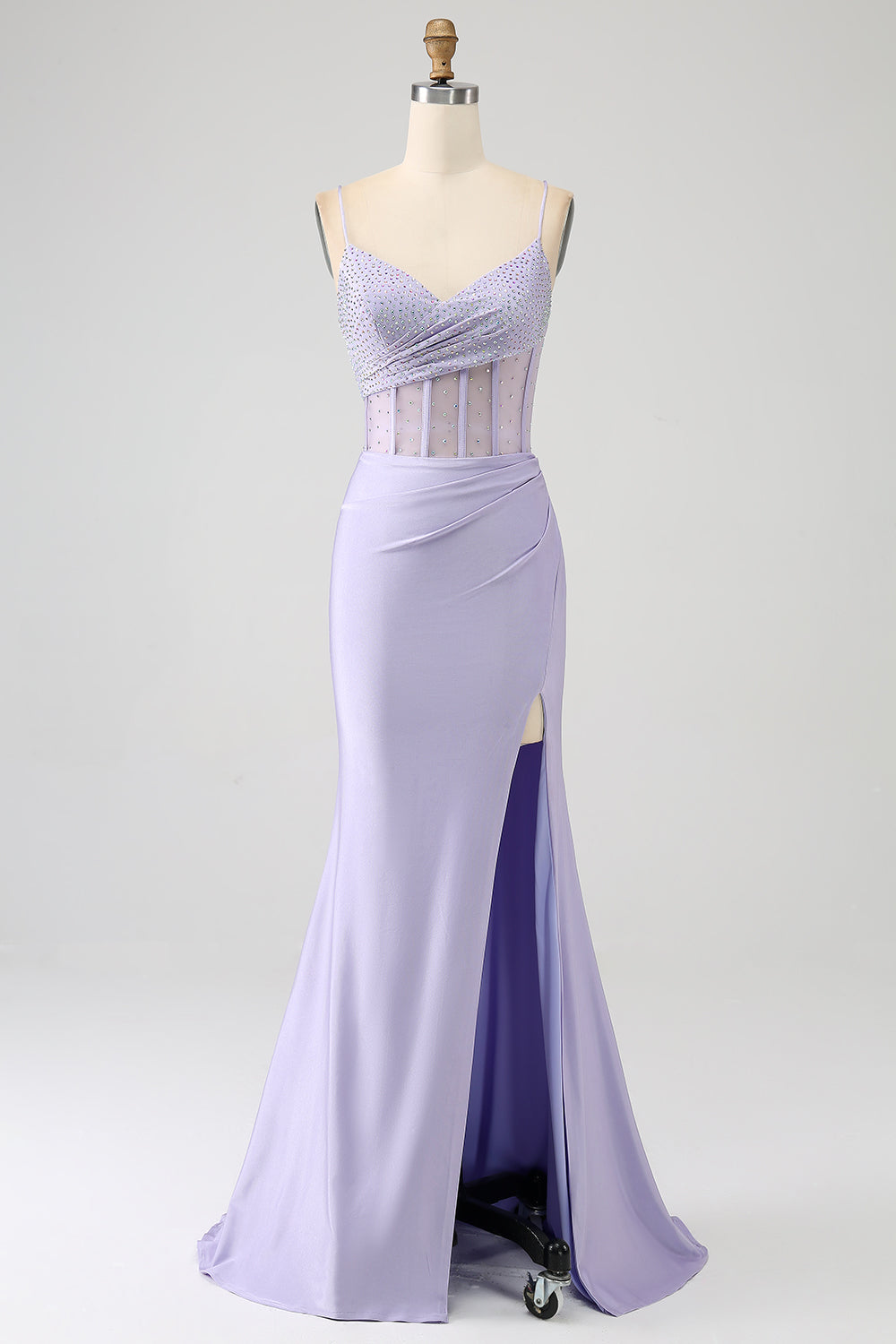 Longue robe de bal sirène corset lilas pailleté avec fente