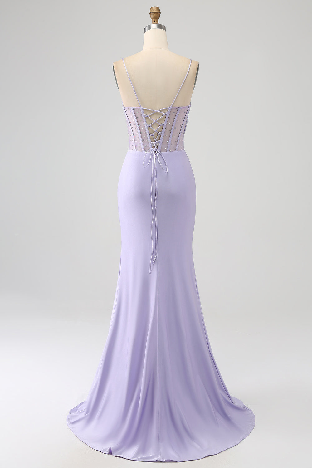Longue robe de bal sirène corset lilas pailleté avec fente